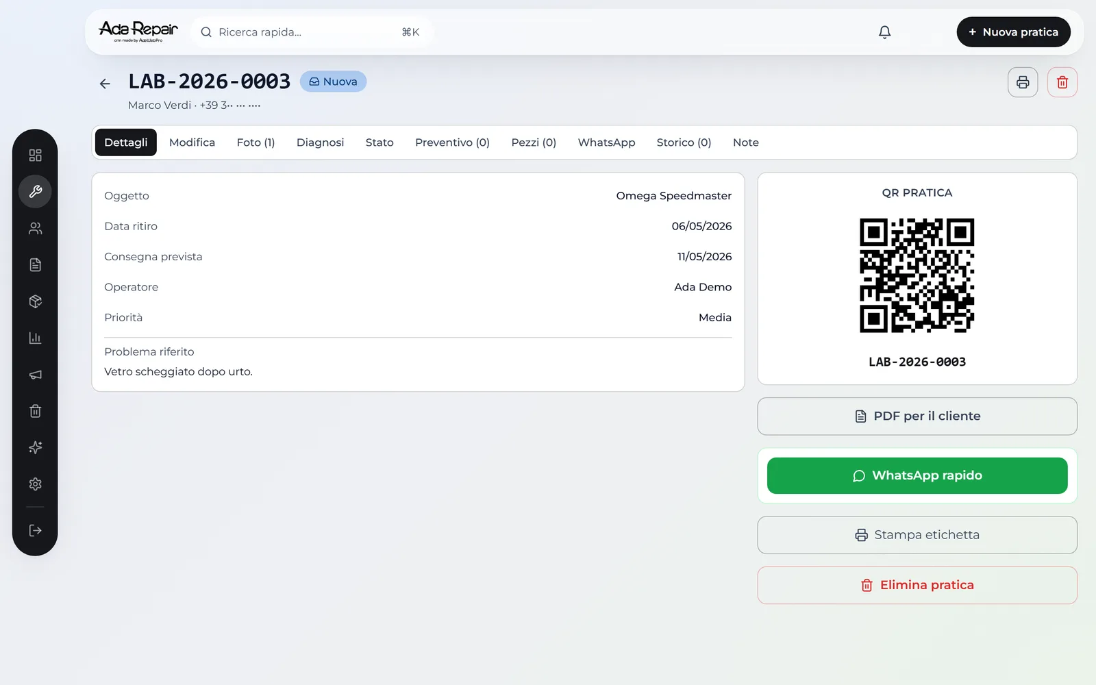 Scheda riparazione con QR pratica, PDF cliente e WhatsApp rapido